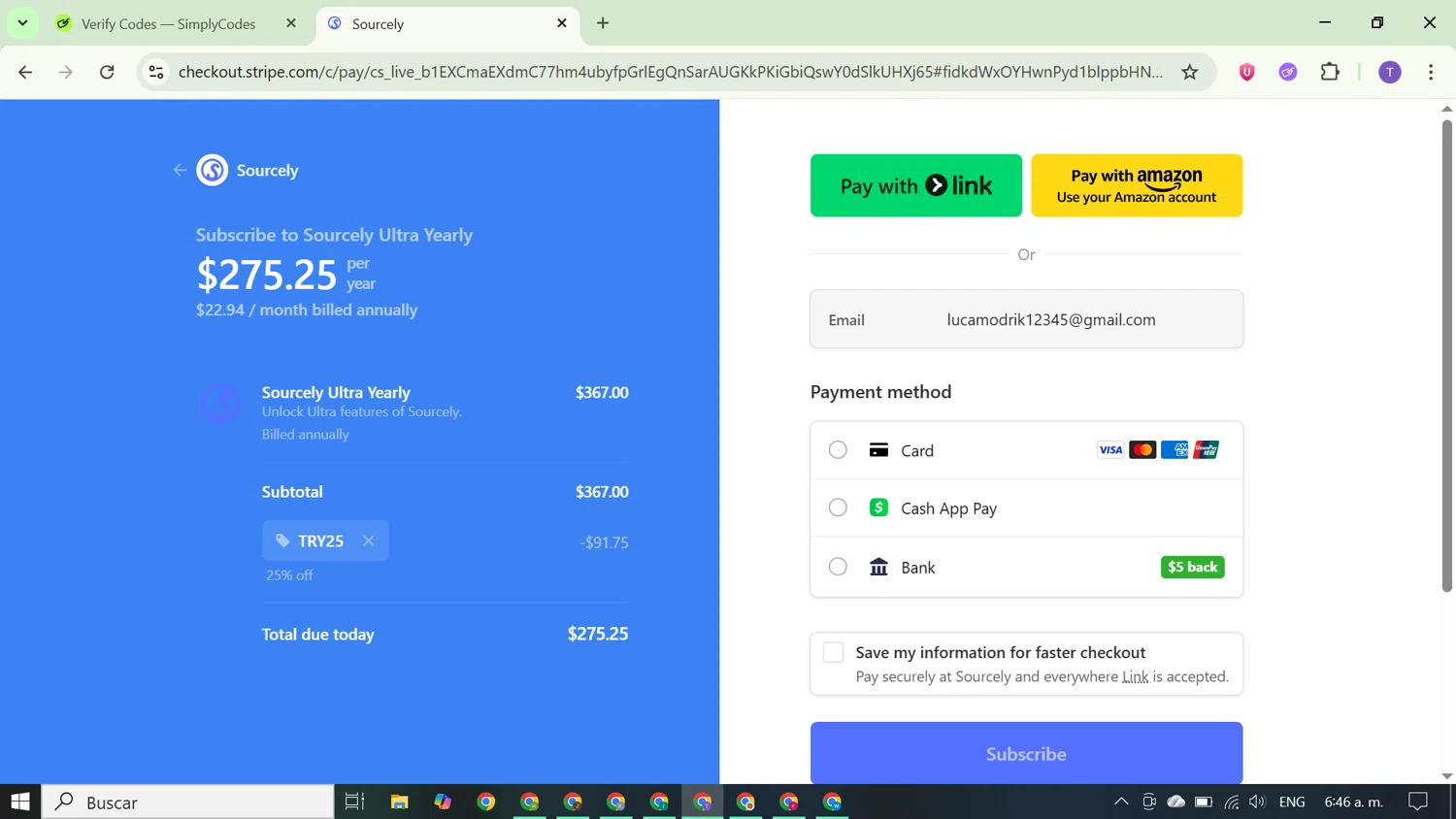 Sourcely promo code screenshot showing code TRY25 applied at Sourcely checkout page. Uploaded by SimplyCodes community member FortunateCurator5882 on Oct 22, 2025