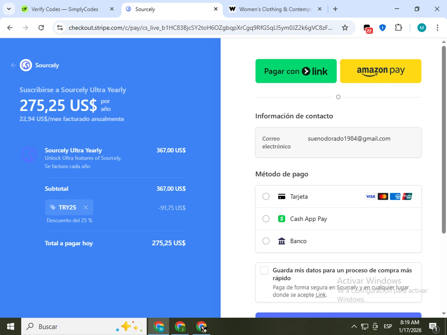 Sourcely checkout page showing Sourcely promo code box | Screenshot taken by SimplyCodes community member on Jan 17, 2026