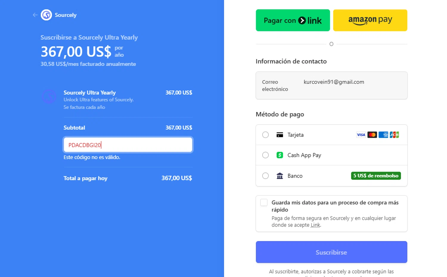 Sourcely promo code screenshot showing code pdacdbgi20 applied at Sourcely checkout page. Uploaded by SimplyCodes community member Halanweik on Feb 3, 2026