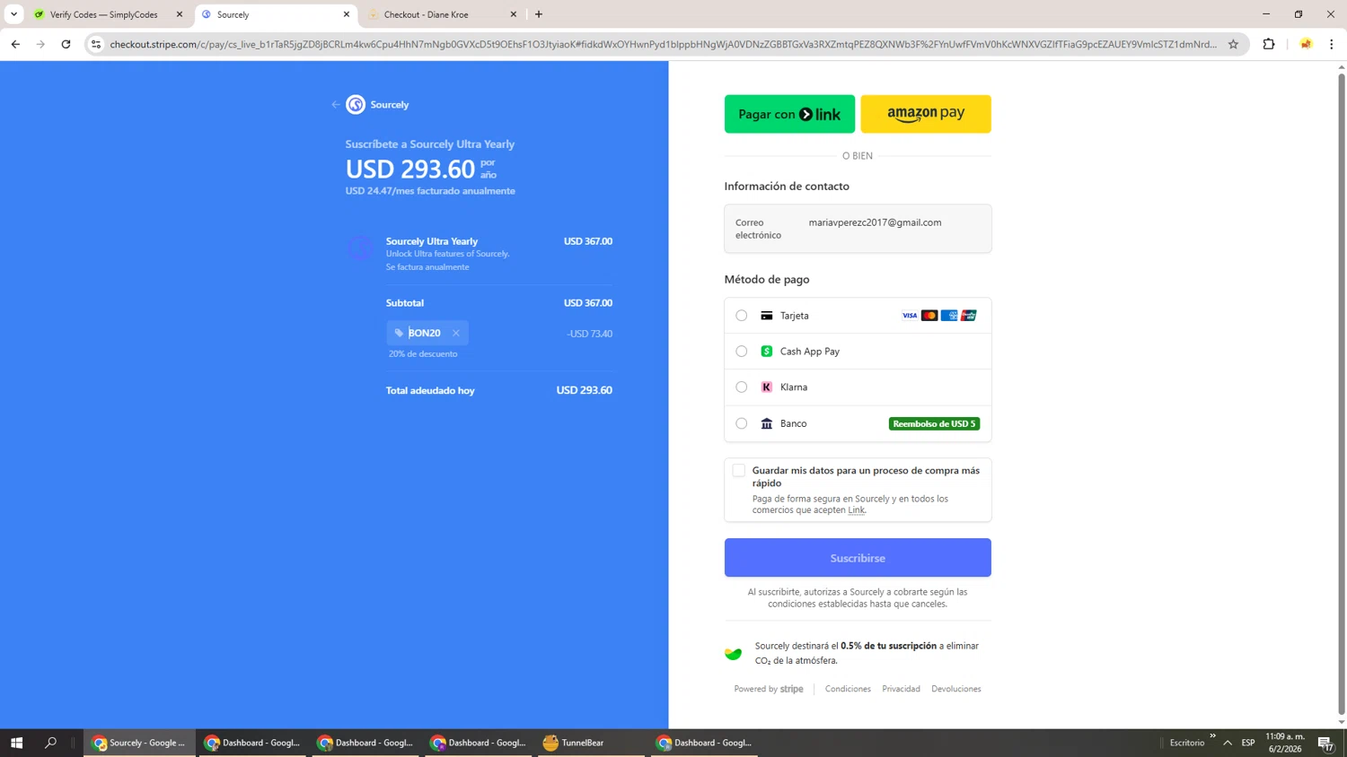 Sourcely checkout page showing Sourcely promo code box | Screenshot taken by SimplyCodes community member on Feb 6, 2026