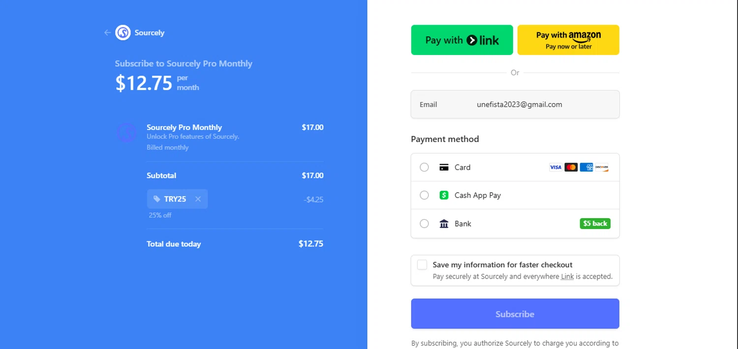 Sourcely promo code screenshot showing code TRY25 applied at Sourcely checkout page. Uploaded by SimplyCodes community member juanisaac on Sep 23, 2025
