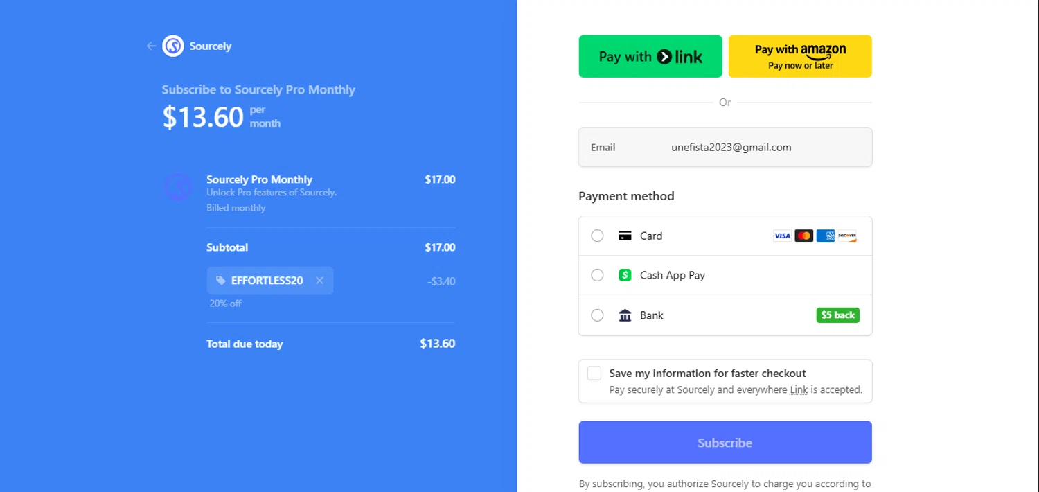 Sourcely promo code screenshot showing code EFFORTLESS20 applied at Sourcely checkout page. Uploaded by SimplyCodes community member juanisaac on Sep 23, 2025
