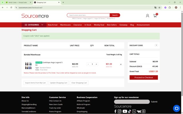 Sourcemore checkout page showing Sourcemore coupon code box | Screenshot taken by SimplyCodes community member on Sep 7, 2025