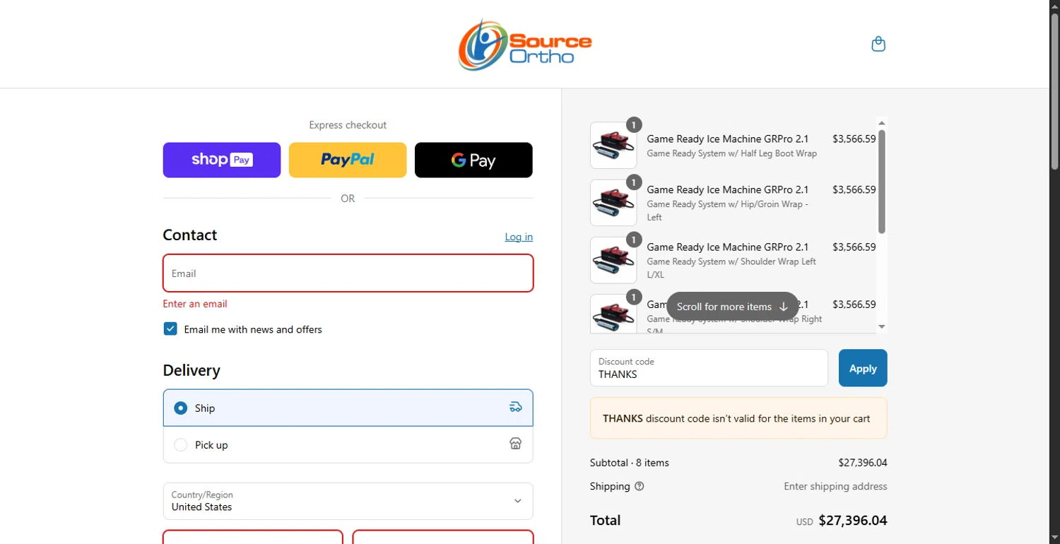 SourceOrtho coupon code screenshot showing code THANKS applied at SourceOrtho checkout page. Uploaded by SimplyCodes community member PennyOwl696 on Aug 10, 2025