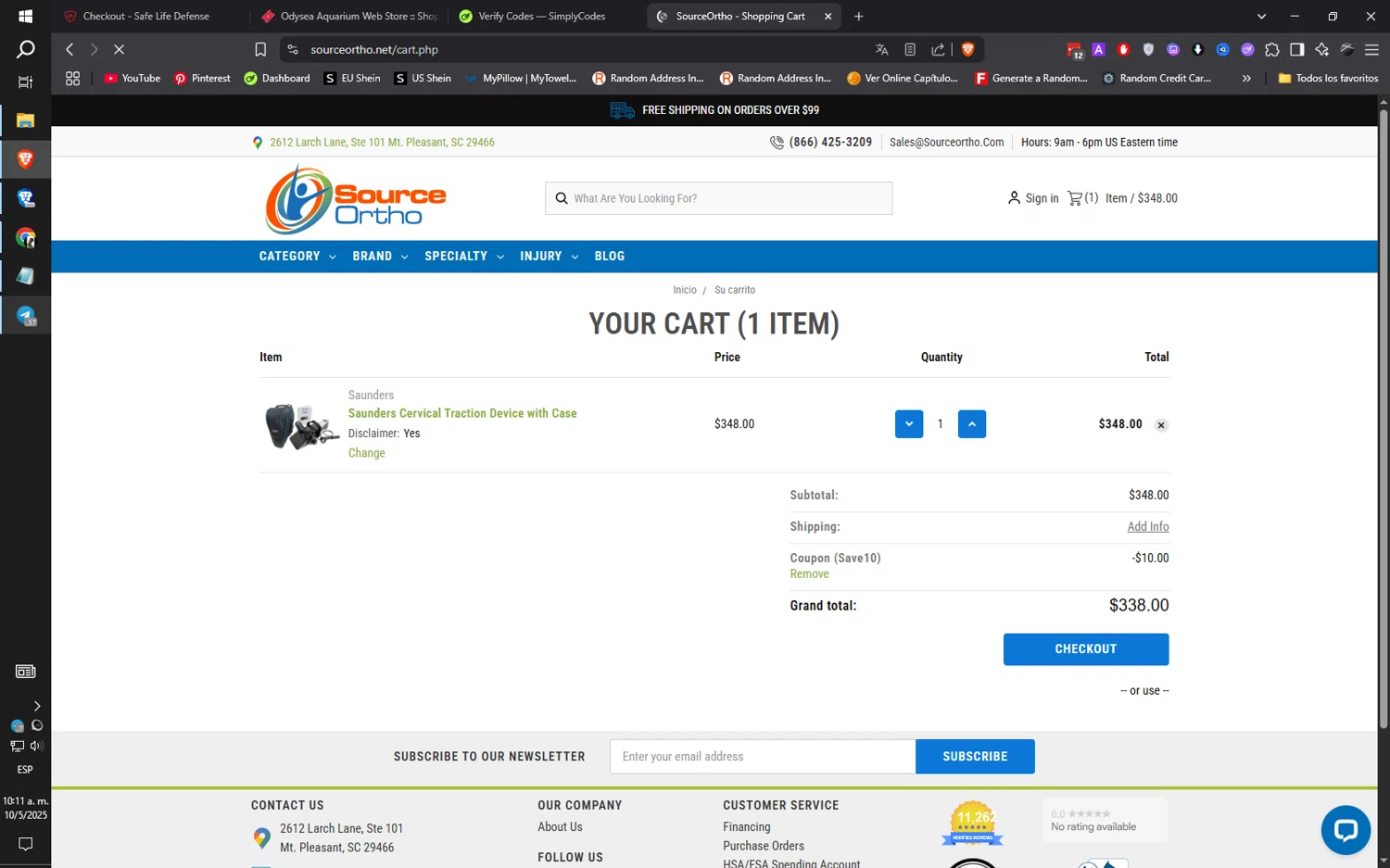 SourceOrtho coupon code screenshot showing code SAVE10 applied at SourceOrtho checkout page. Uploaded by SimplyCodes community member ilarrazaM1 on May 10, 2025