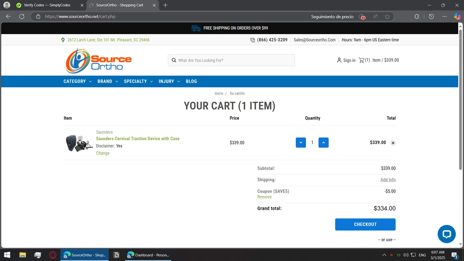 SourceOrtho coupon code screenshot showing code SAVE5 applied at SourceOrtho checkout page. Uploaded by SimplyCodes community member BorgeZzz on Mar 1, 2025