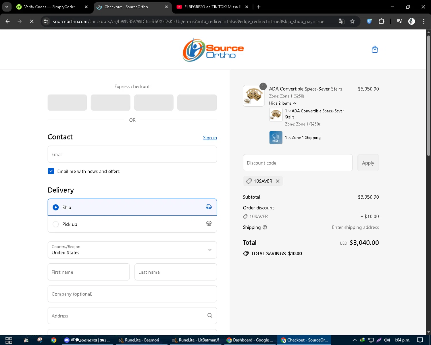SourceOrtho coupon code screenshot showing code 10SAVER applied at SourceOrtho checkout page. Uploaded by SimplyCodes community member CleverSentinel9441 on Sep 17, 2025