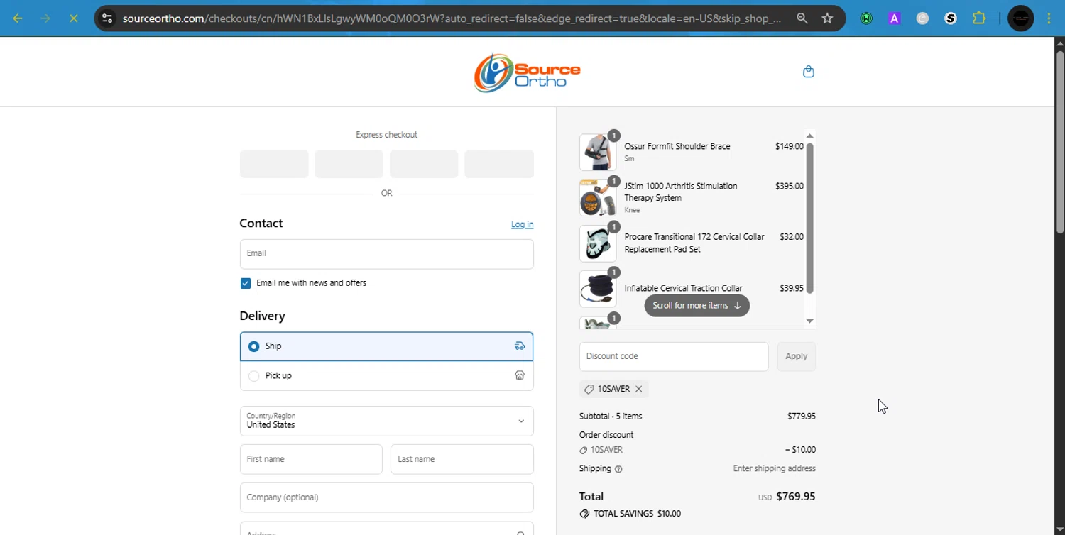 SourceOrtho coupon code screenshot showing code 10SAVER applied at SourceOrtho checkout page. Uploaded by SimplyCodes community member PrincessCoupon on Jul 29, 2025