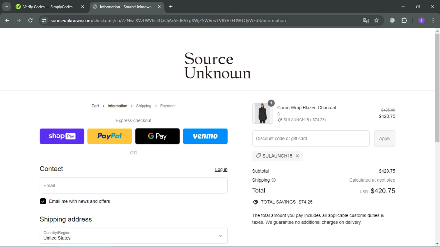 Source Unknown checkout page showing Source Unknown discount code box | Screenshot taken by SimplyCodes community member on Apr 30, 2024