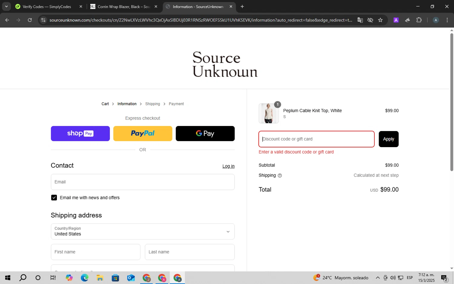 Source Unknown discount code screenshot showing code SULAUNCH15 applied at Source Unknown checkout page. Uploaded by SimplyCodes community member ScanSpotter8851 on Mar 15, 2025