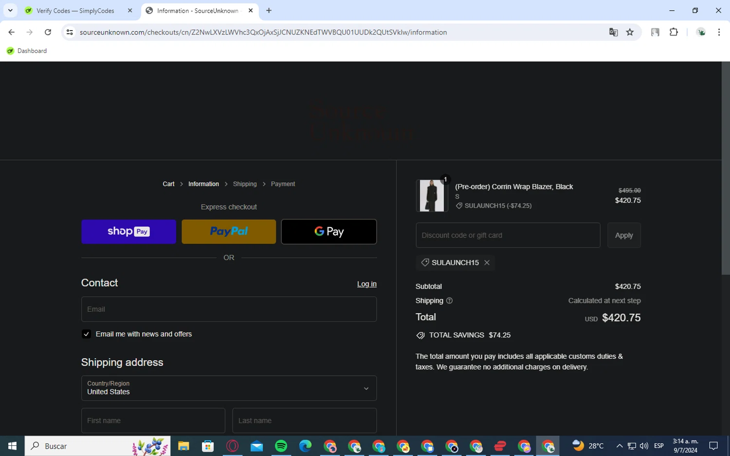 Source Unknown checkout page showing Source Unknown discount code box | Screenshot taken by SimplyCodes community member on Jul 9, 2024