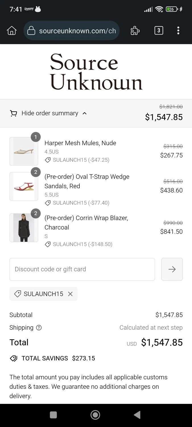 Source Unknown checkout page showing Source Unknown discount code box | Screenshot taken by SimplyCodes community member on Aug 24, 2024