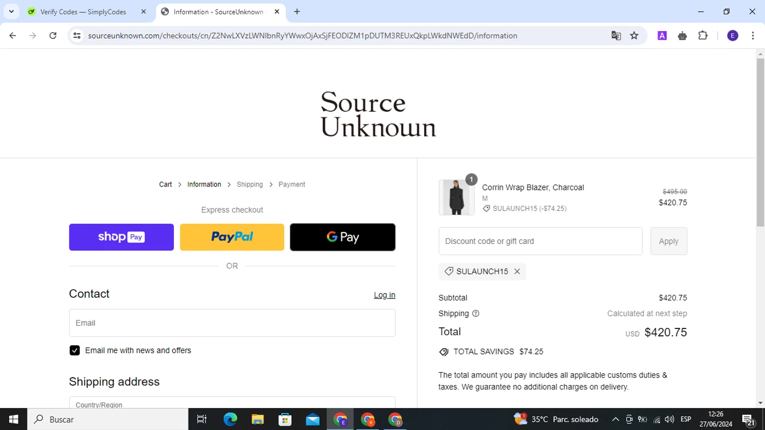 Source Unknown checkout page showing Source Unknown discount code box | Screenshot taken by SimplyCodes community member on Jun 27, 2024
