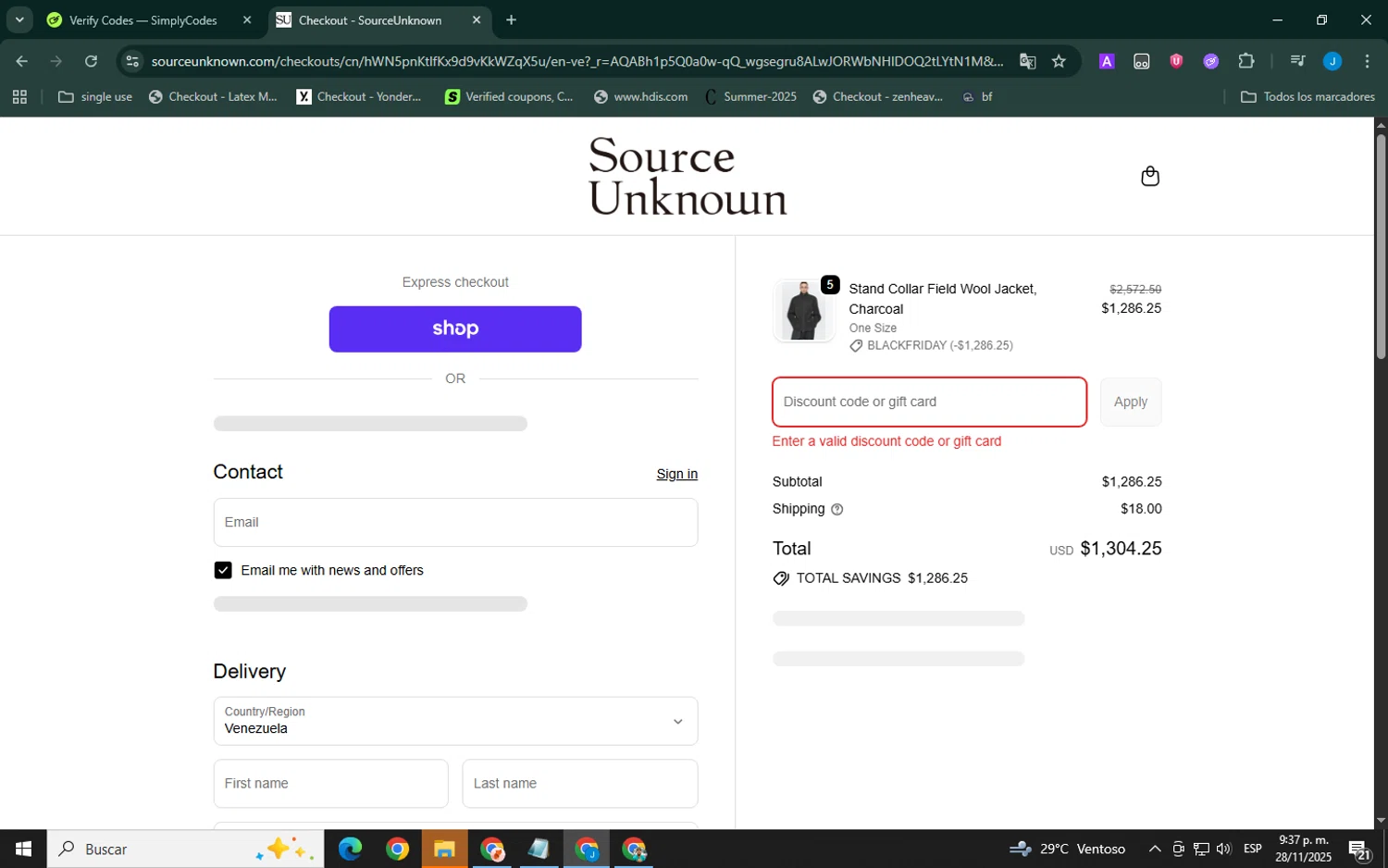 Source Unknown discount code screenshot showing code BLACKFRIDAY applied at Source Unknown checkout page. Uploaded by SimplyCodes community member ELVERGALARGA on Nov 29, 2025