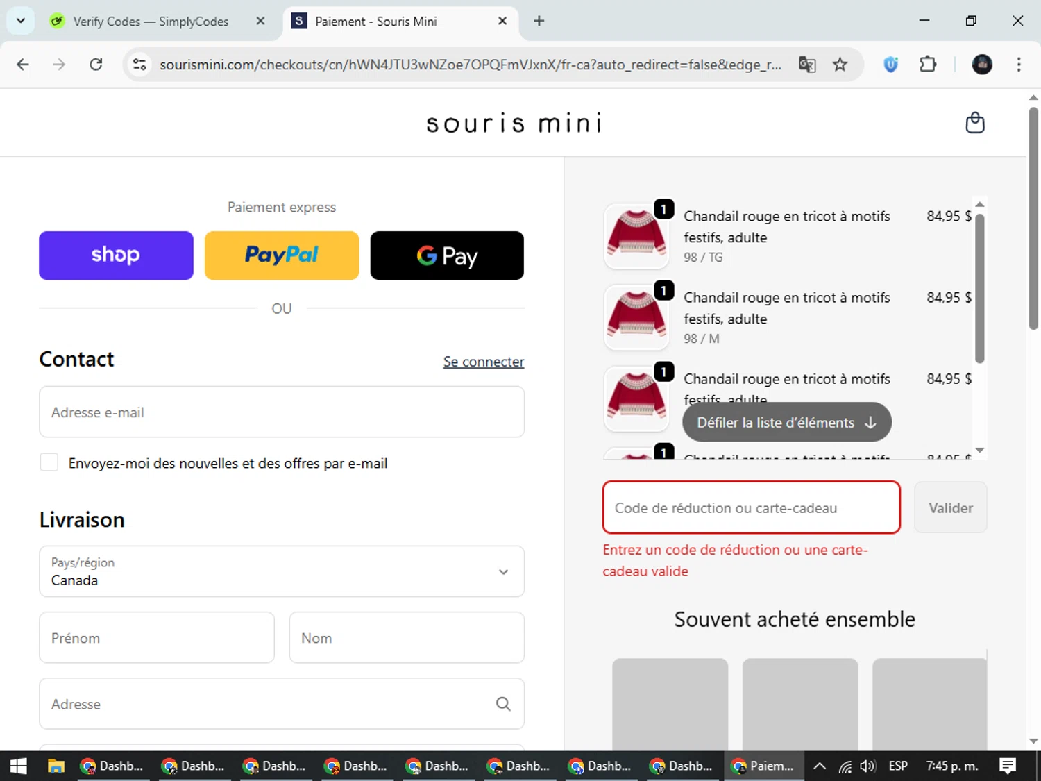 Souris Mini promo code screenshot showing code EXTRA20 applied at Souris Mini checkout page. Uploaded by SimplyCodes community member ValueElite5945 on Oct 19, 2025