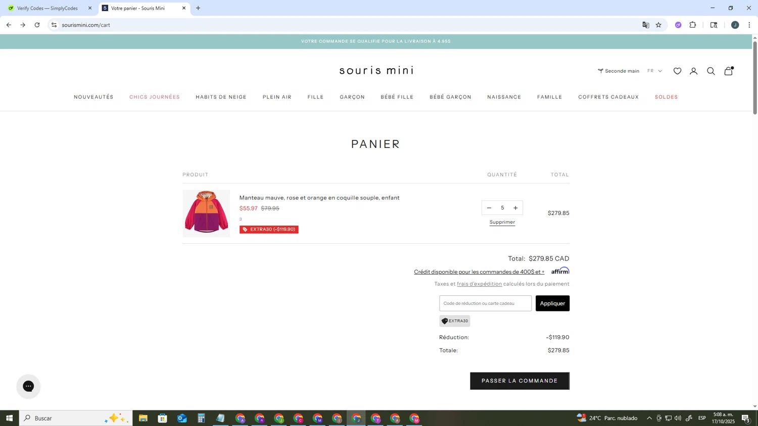 Souris Mini promo code screenshot showing code EXTRA30 applied at Souris Mini checkout page. Uploaded by SimplyCodes community member AVATIGRITO on Oct 17, 2025
