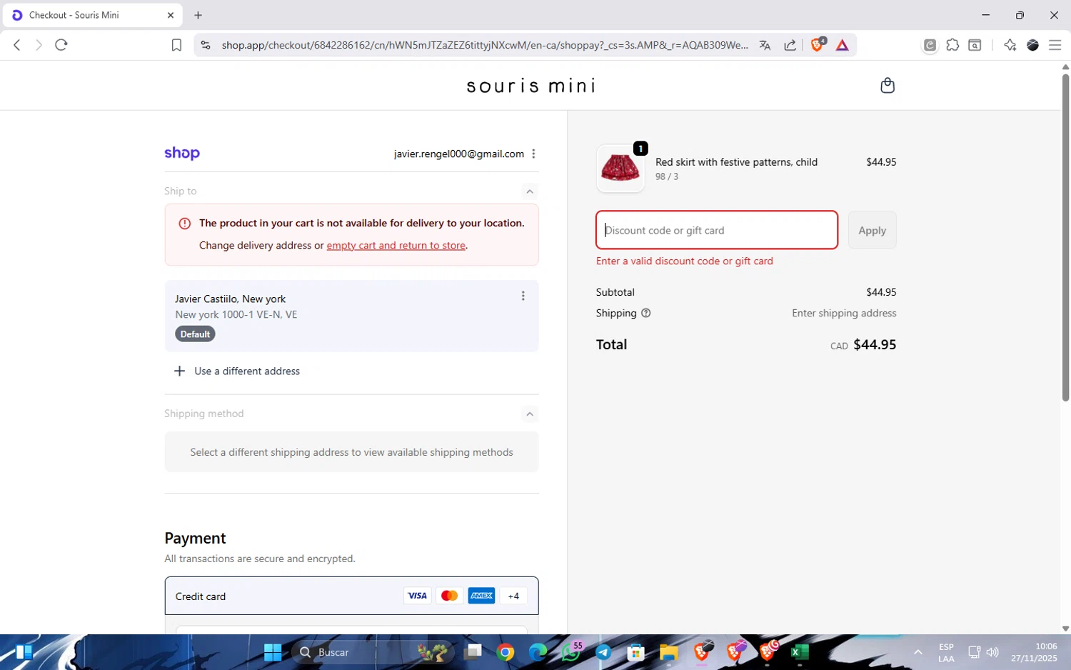Souris Mini promo code screenshot showing code PROMO20 applied at Souris Mini checkout page. Uploaded by SimplyCodes community member JavierCastillo1301 on Nov 27, 2025