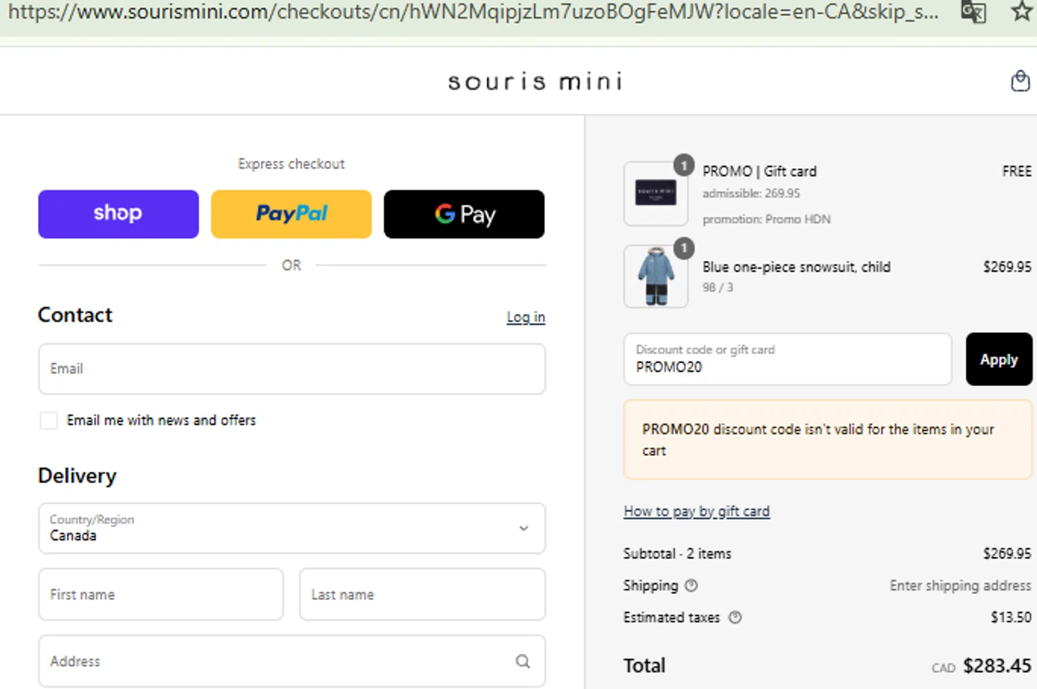 Souris Mini checkout page showing Souris Mini promo code box | Screenshot taken by SimplyCodes community member on Aug 29, 2025