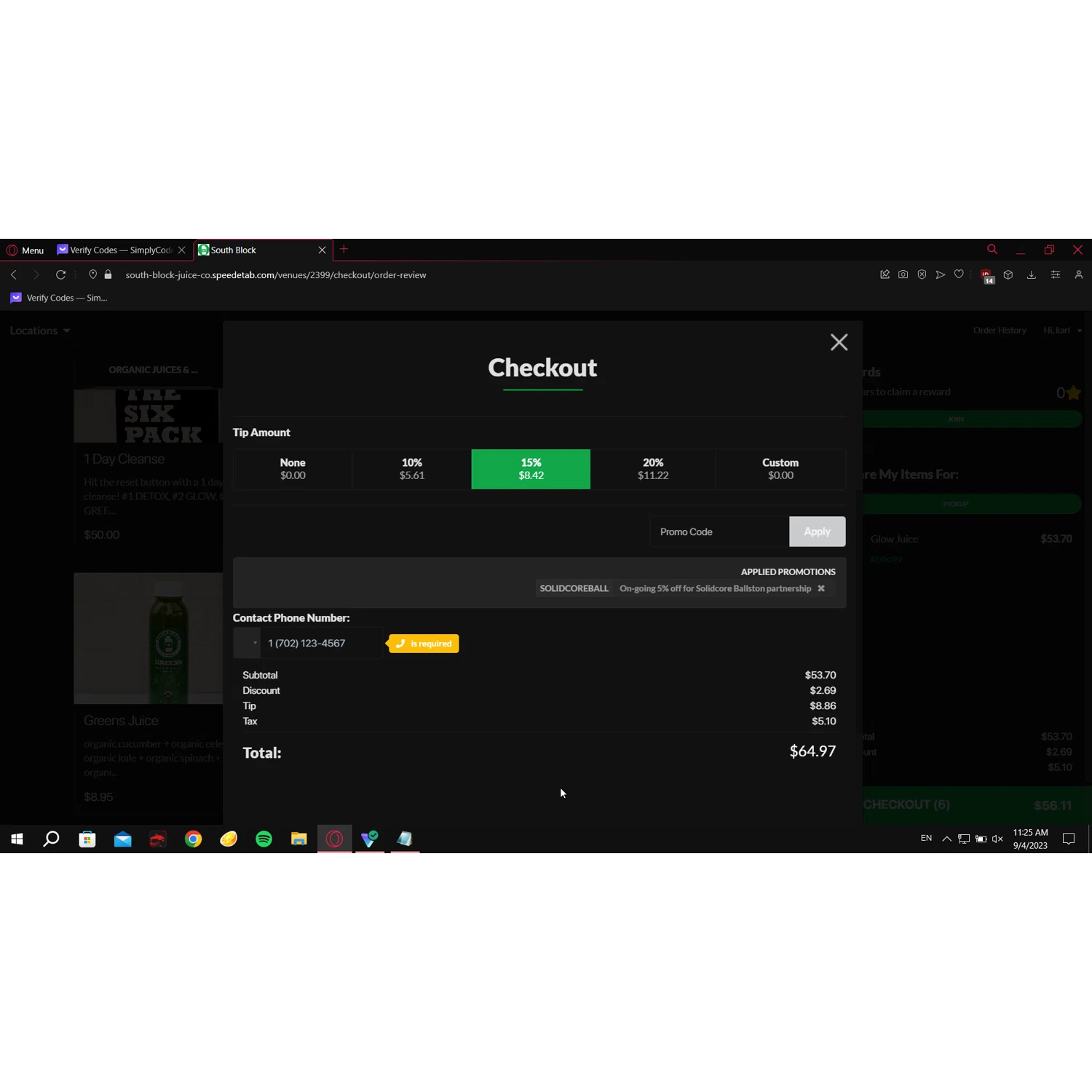 South Block Juice Co. checkout page showing South Block Juice Co. promo code box | Screenshot taken by SimplyCodes community member on Sep 4, 2023