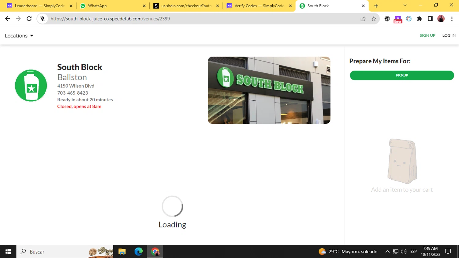 South Block Juice Co. checkout page showing South Block Juice Co. promo code box | Screenshot taken by SimplyCodes community member on Oct 11, 2023