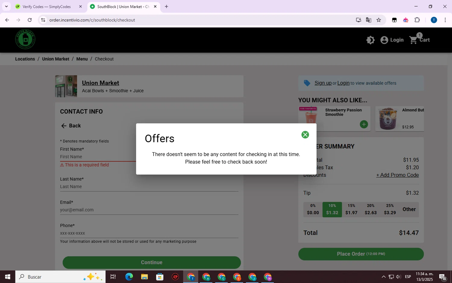 South Block Juice Co. promo code screenshot showing code SUNNYBLOCK applied at South Block Juice Co. checkout page. Uploaded by SimplyCodes community member WonderVirtuoso7677 on Mar 13, 2025