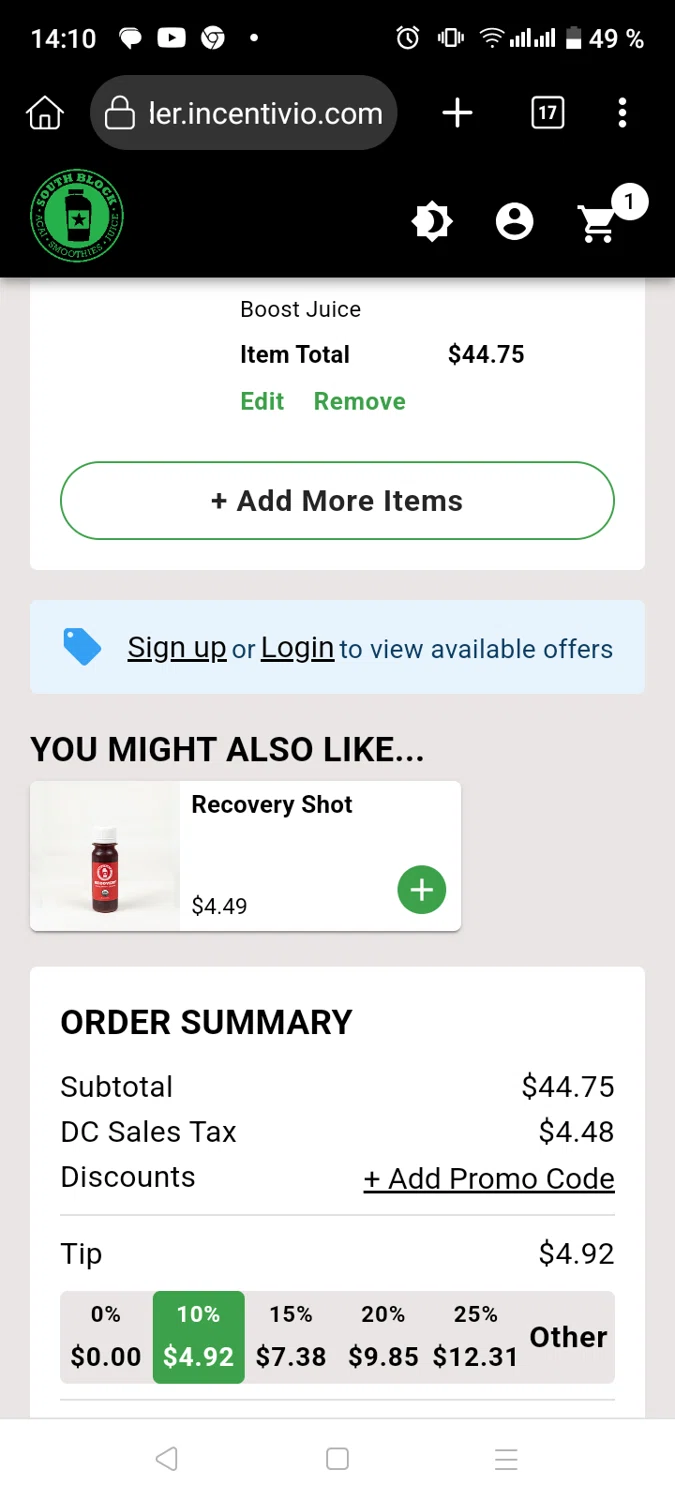 South Block Juice Co. checkout page showing South Block Juice Co. promo code box | Screenshot taken by SimplyCodes community member on Jan 24, 2025