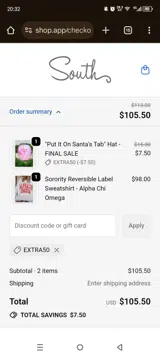 South Boutique coupon verification screenshot