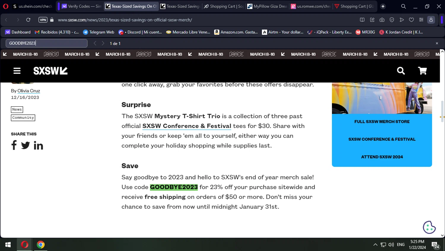 South by Southwest checkout page showing South by Southwest promo code box | Screenshot taken by SimplyCodes community member on Jan 22, 2024