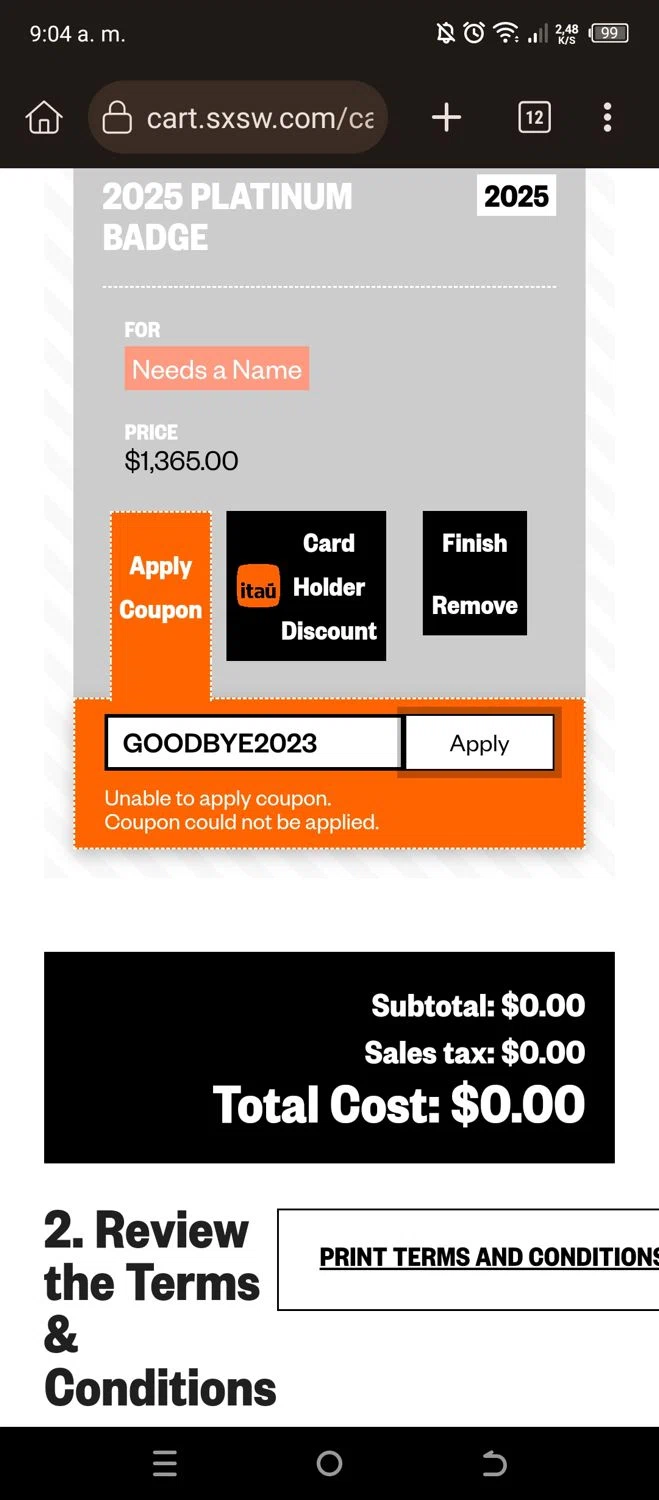 South by Southwest checkout page showing South by Southwest promo code box | Screenshot taken by SimplyCodes community member on Mar 20, 2024