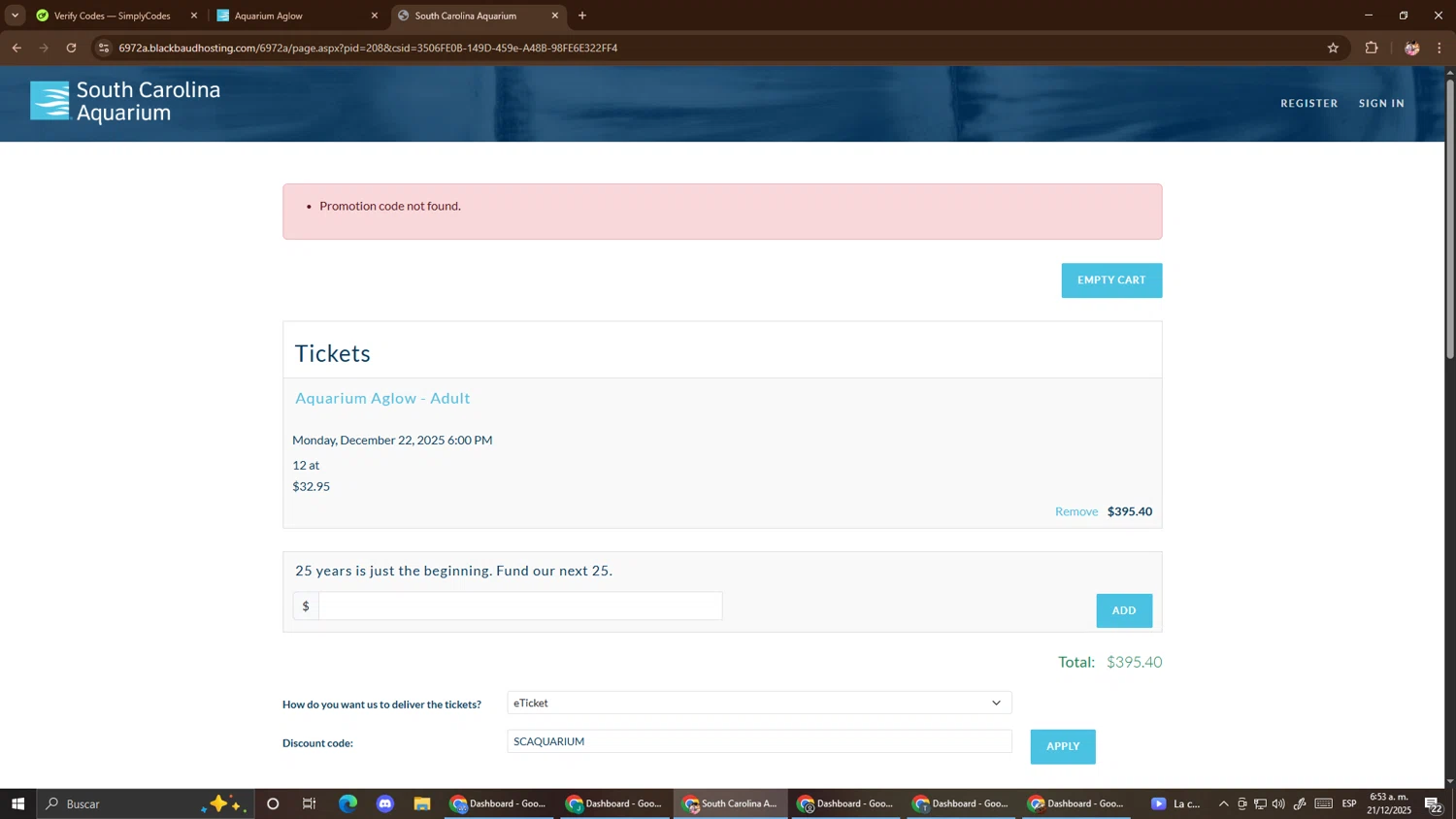 South Carolina Aquarium discount code screenshot showing code SCAQUARIUM applied at South Carolina Aquarium checkout page. Uploaded by SimplyCodes community member El_mynor on Dec 21, 2025