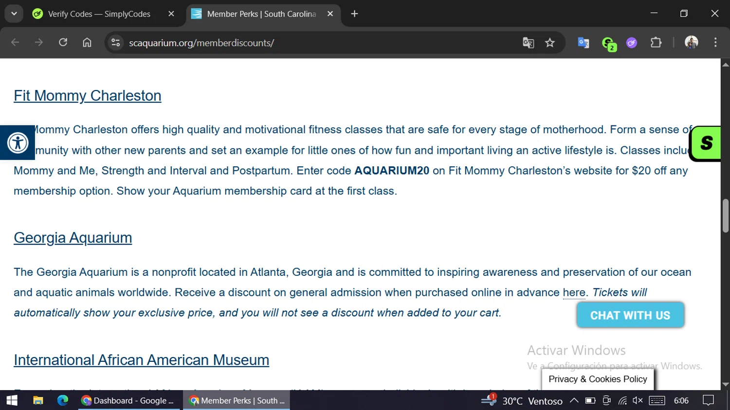South Carolina Aquarium discount code screenshot showing code SCAQUARIUM applied at South Carolina Aquarium checkout page. Uploaded by SimplyCodes community member ariannycfh on Nov 22, 2025