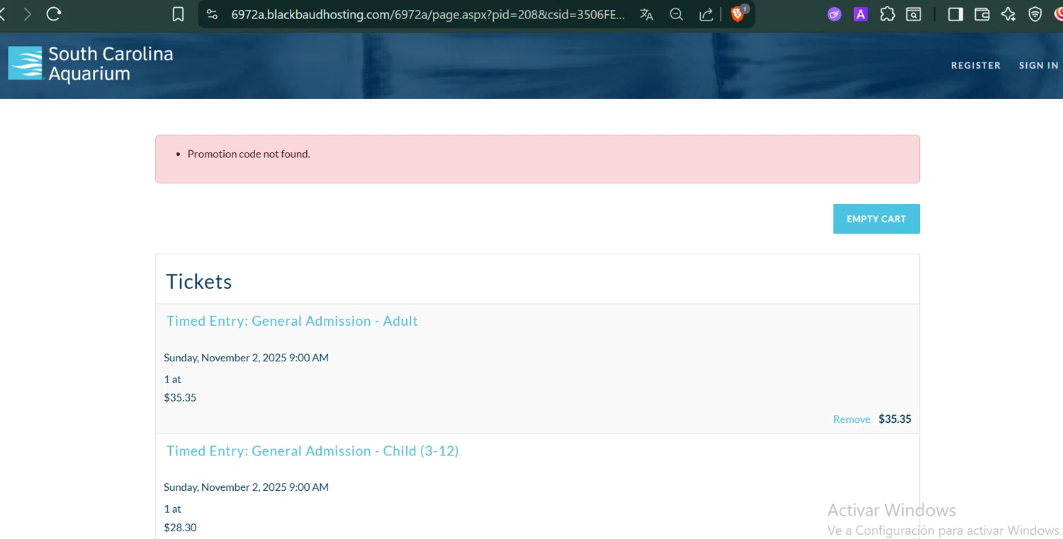 South Carolina Aquarium discount code screenshot showing code Newsletter10 applied at South Carolina Aquarium checkout page. Uploaded by SimplyCodes community member PennyCaptain4684 on Oct 29, 2025