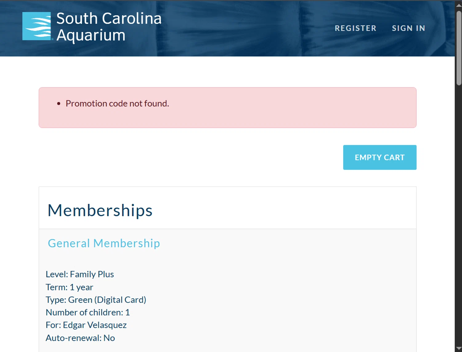 South Carolina Aquarium discount code screenshot showing code Newsletter10 applied at South Carolina Aquarium checkout page. Uploaded by SimplyCodes community member ValiantLion5897 on Oct 29, 2025
