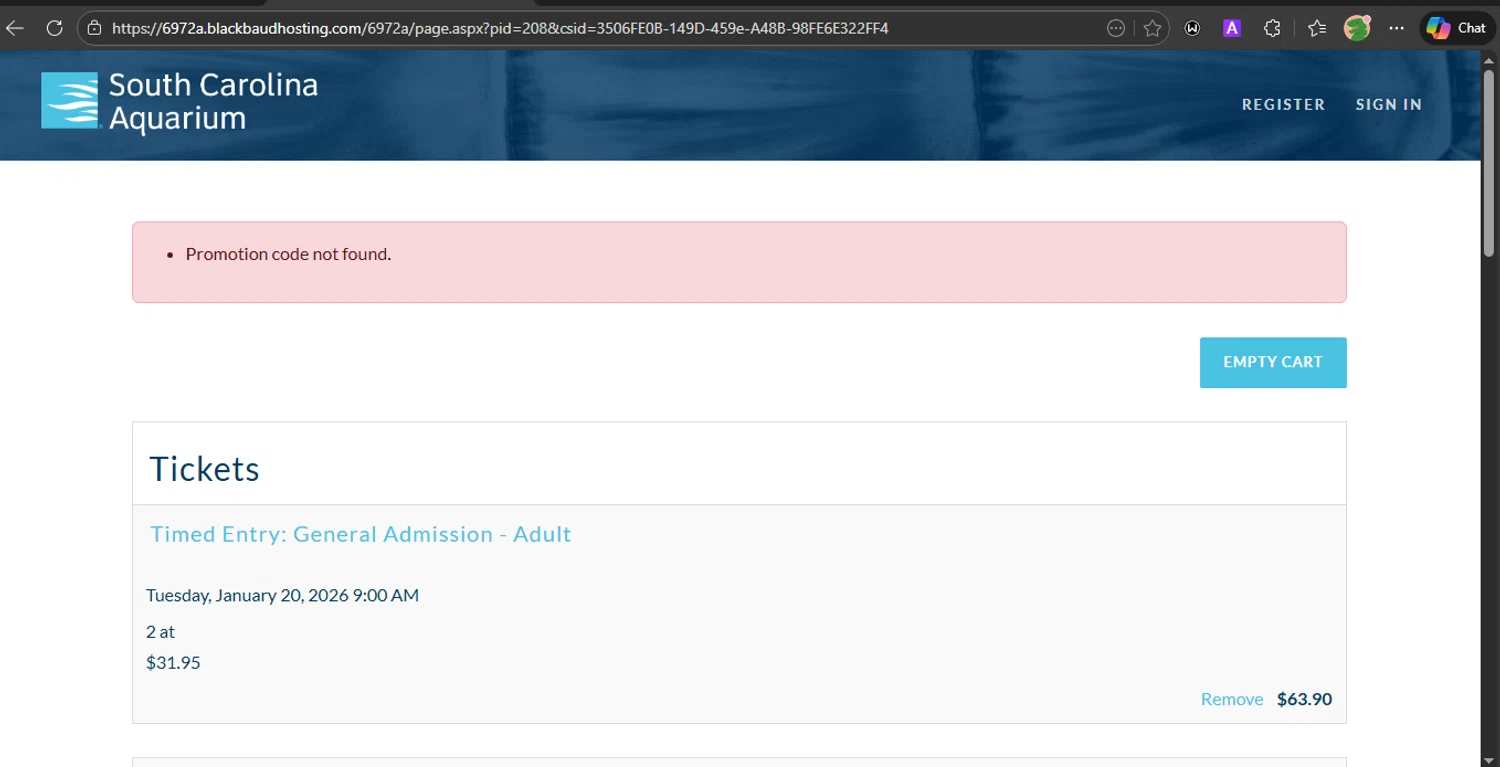 South Carolina Aquarium discount code screenshot showing code SCAquarium25 applied at South Carolina Aquarium checkout page. Uploaded by SimplyCodes community member PrincessCoupon on Jan 6, 2026