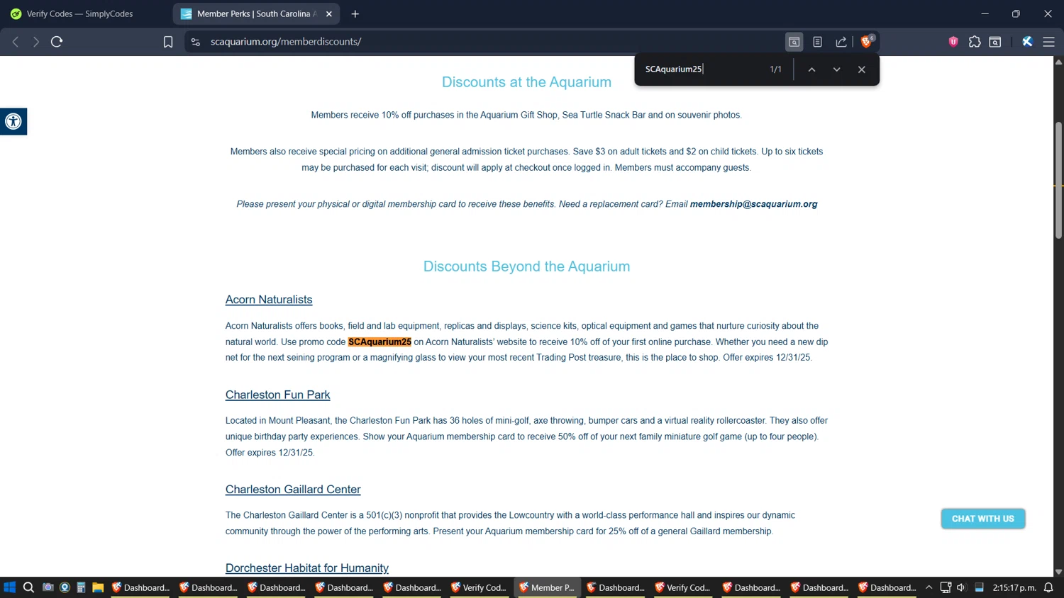 South Carolina Aquarium discount code screenshot showing code SCAquarium25 applied at South Carolina Aquarium checkout page. Uploaded by SimplyCodes community member jhordano on Dec 3, 2025