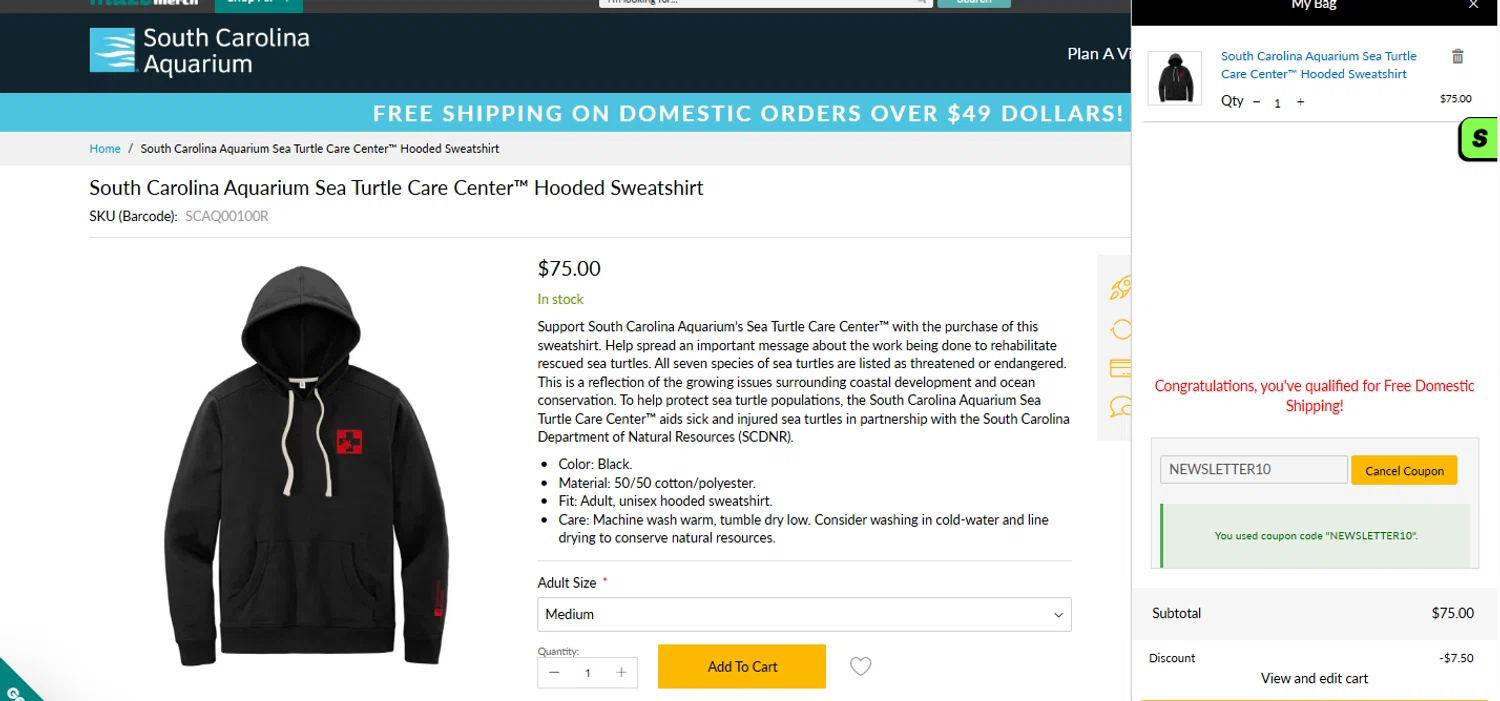 South Carolina Aquarium discount code screenshot showing code NEWSLETTER10 applied at South Carolina Aquarium checkout page. Uploaded by SimplyCodes community member yeresojperez on Oct 29, 2025