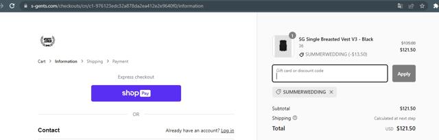 Southern Gents checkout page showing Southern Gents discount code box | Screenshot taken by SimplyCodes community member on Jul 26, 2023