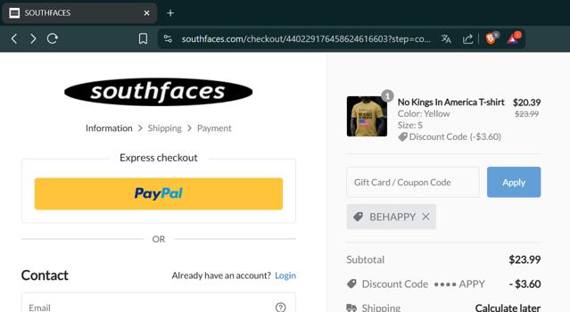 Southfaces checkout page showing Southfaces coupon code box | Screenshot taken by SimplyCodes community member on Jul 23, 2025