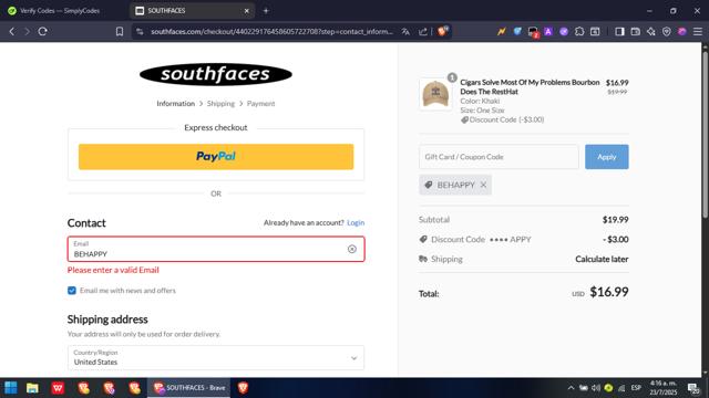 Southfaces checkout page showing Southfaces coupon code box | Screenshot taken by SimplyCodes community member on Jul 23, 2025