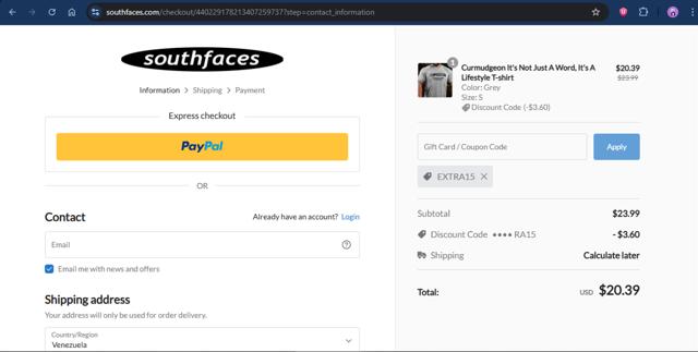 Southfaces checkout page showing Southfaces coupon code box | Screenshot taken by SimplyCodes community member on Aug 12, 2025