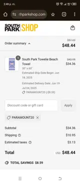 PARAMOUNT20 coupon verification screenshot