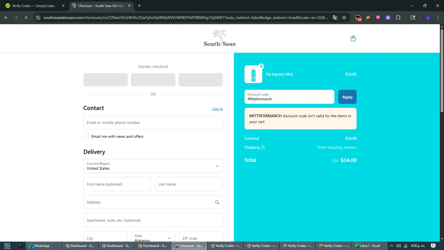 South Seas Skincare coupon code screenshot showing code Mittsformarch applied at South Seas Skincare checkout page. Uploaded by SimplyCodes community member WiseMaven9968 on Jul 10, 2025
