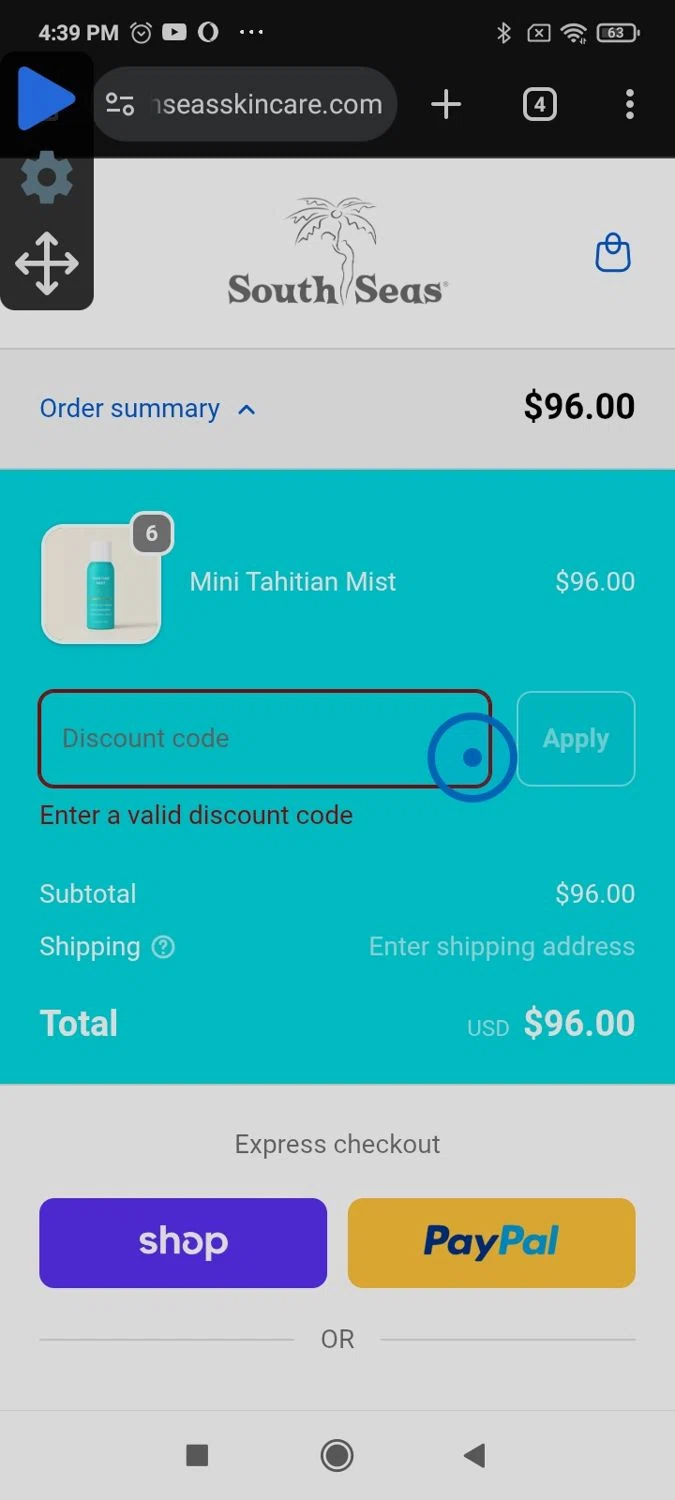 South Seas Skincare coupon code screenshot showing code JH10 applied at South Seas Skincare checkout page. Uploaded by SimplyCodes community member Papiex on Feb 5, 2026