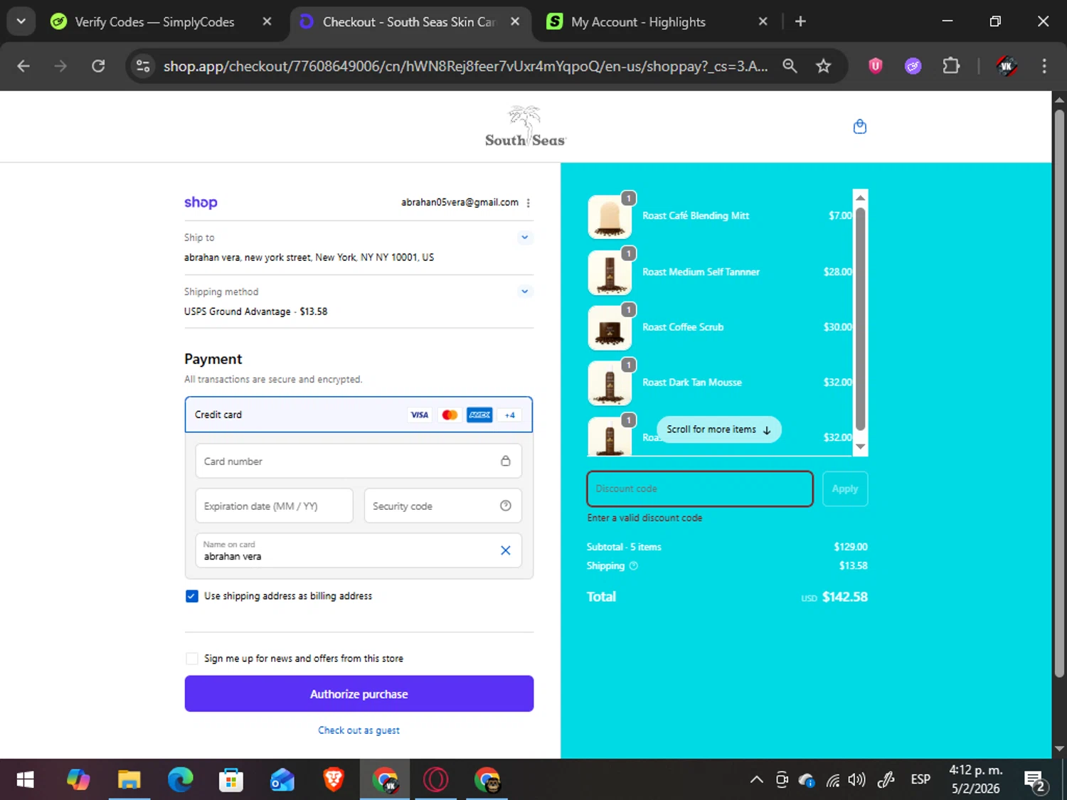 South Seas Skincare coupon code screenshot showing code ABSBYAMY applied at South Seas Skincare checkout page. Uploaded by SimplyCodes community member TreasureAdmiral6867 on Feb 5, 2026