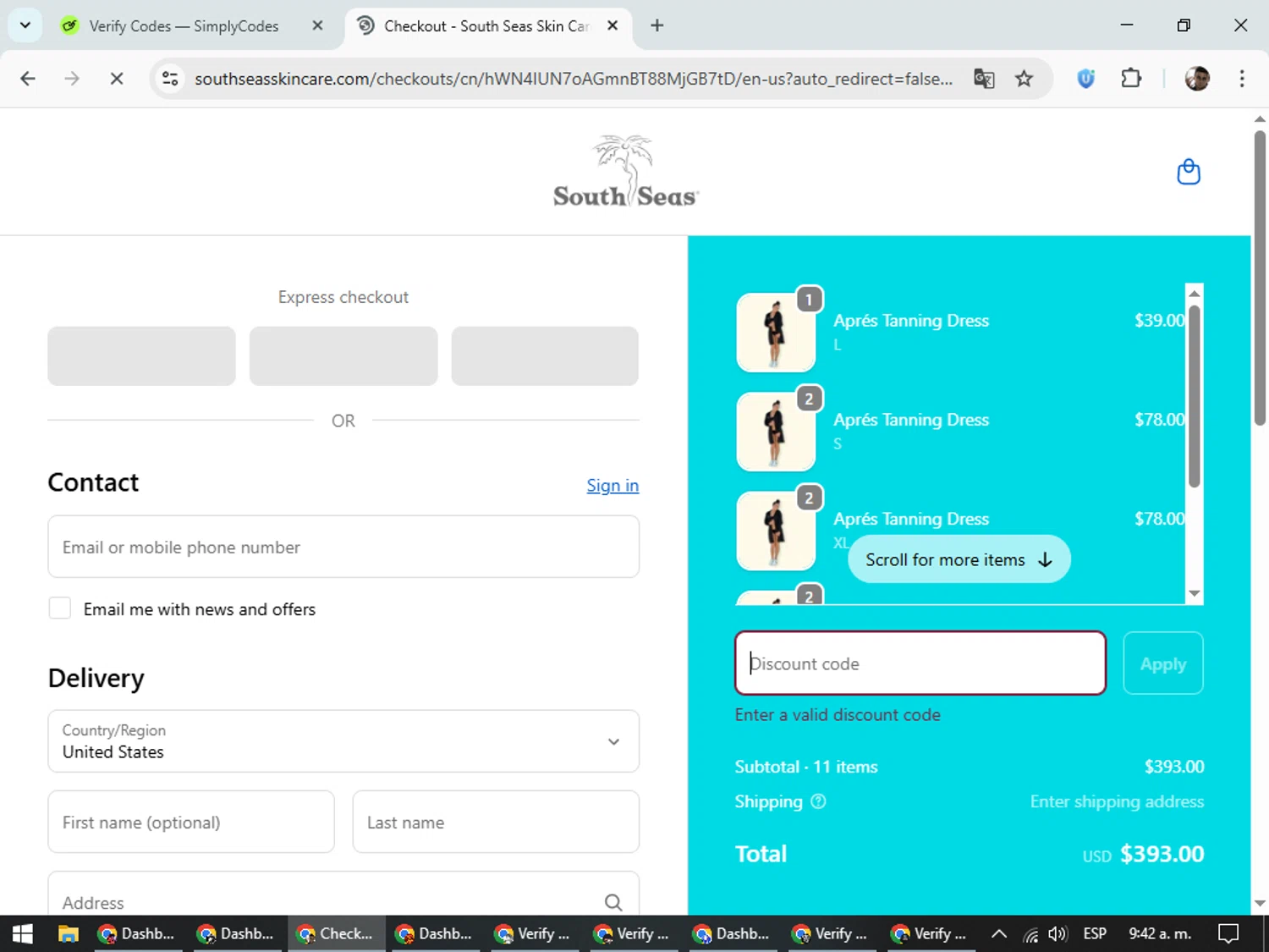 South Seas Skincare coupon code screenshot showing code aftercare applied at South Seas Skincare checkout page. Uploaded by SimplyCodes community member DiscountSeeker682 on Oct 19, 2025