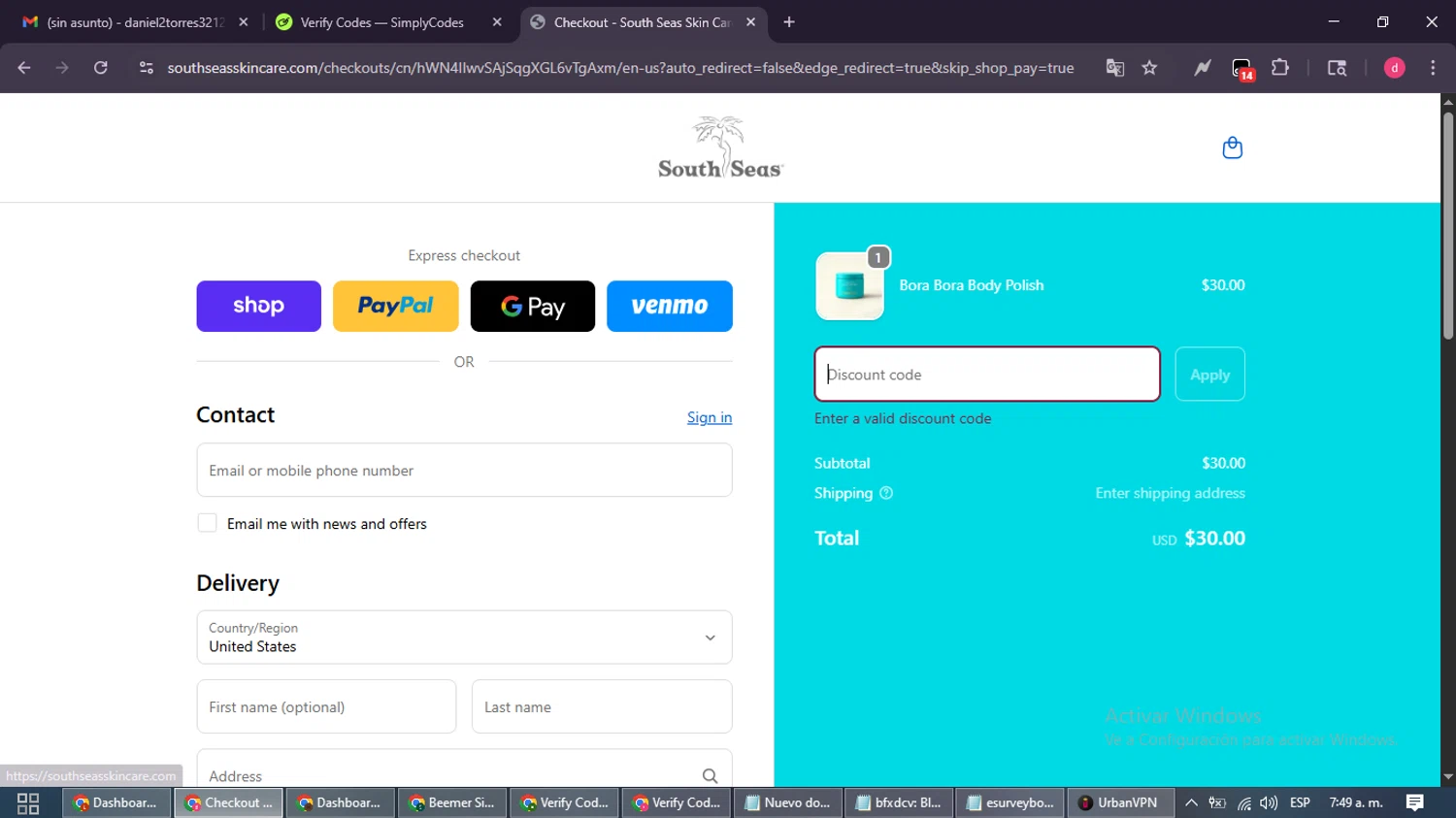 South Seas Skincare coupon code screenshot showing code aftercare applied at South Seas Skincare checkout page. Uploaded by SimplyCodes community member MagnificentSpotter4236 on Oct 19, 2025