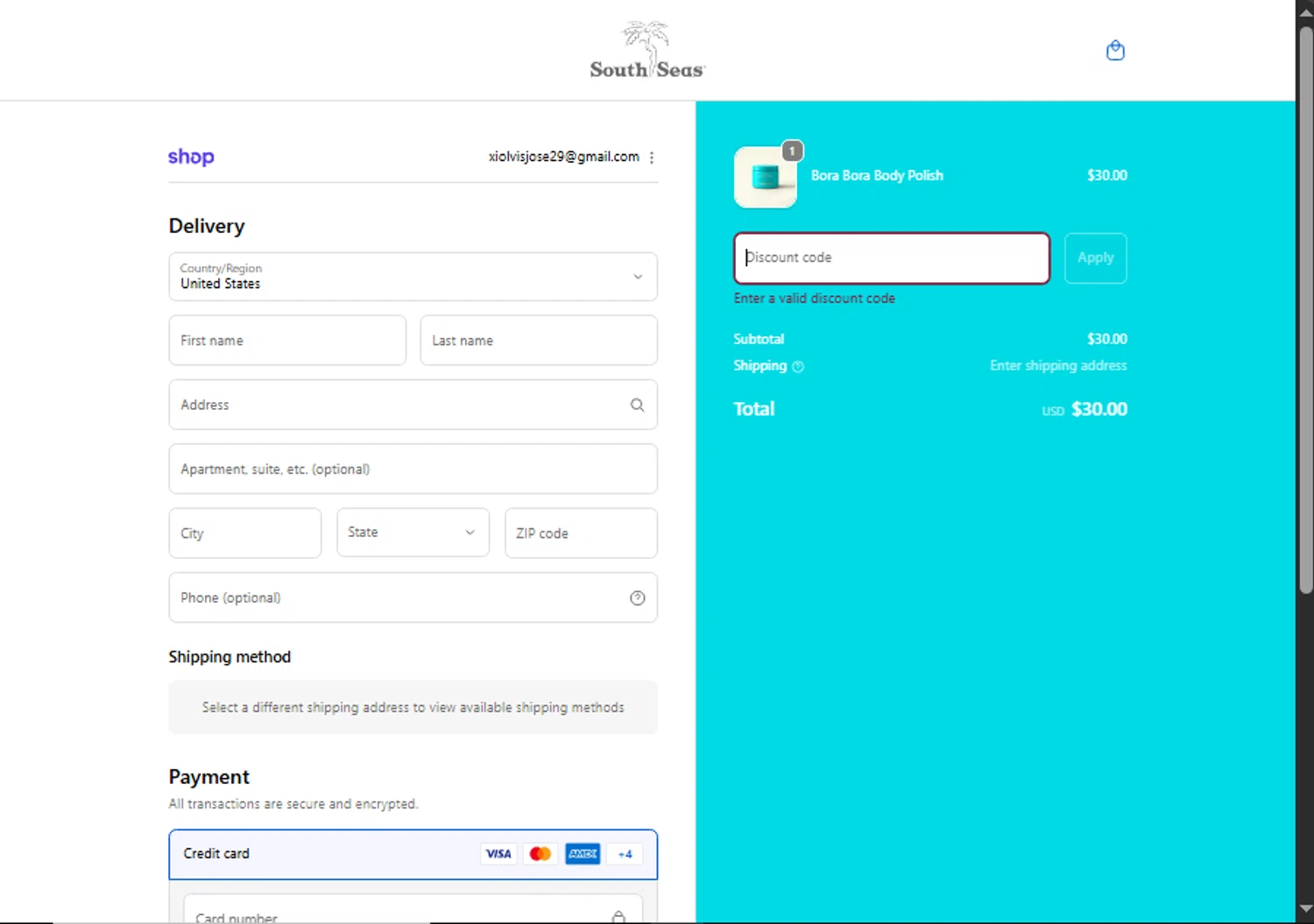 South Seas Skincare coupon code screenshot showing code aftercare applied at South Seas Skincare checkout page. Uploaded by SimplyCodes community member Xiooh292929 on Oct 19, 2025