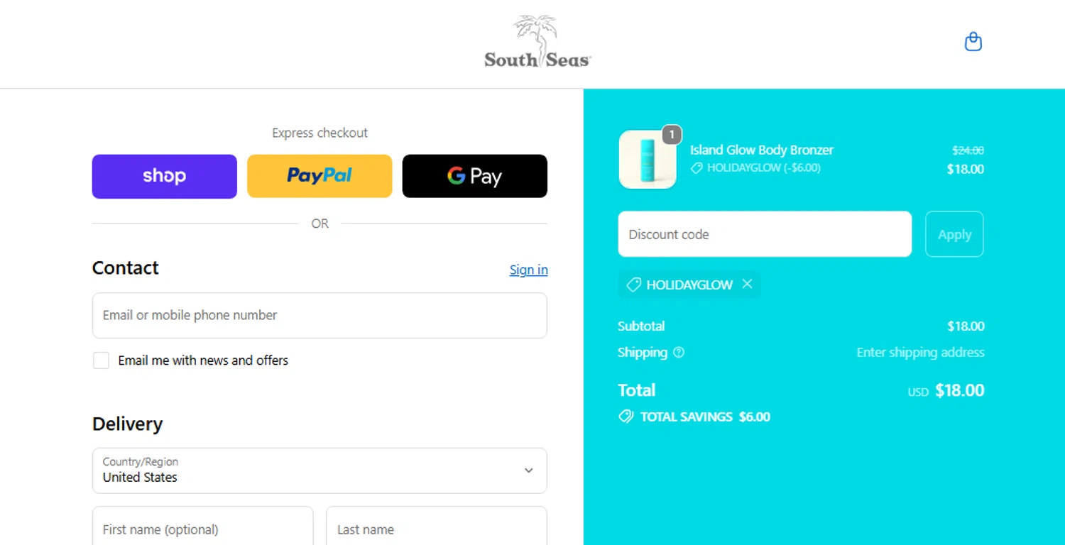 South Seas Skincare coupon code screenshot showing code HOLIDAYGLOW applied at South Seas Skincare checkout page. Uploaded by SimplyCodes community member Jhonny on Dec 6, 2025
