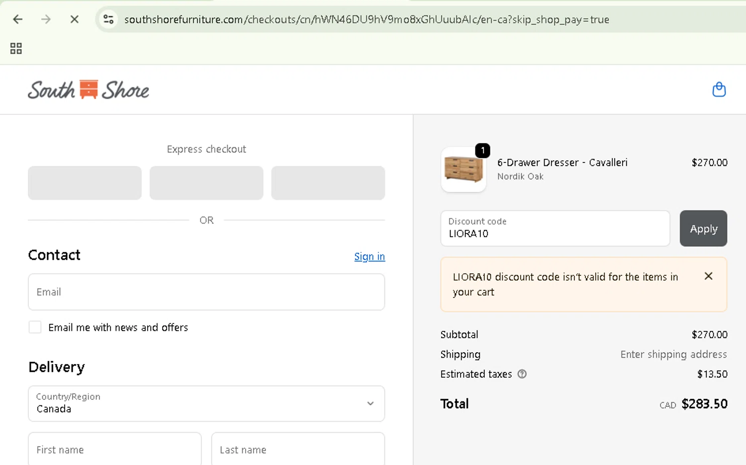 South Shore Furniture promo code screenshot showing code LIORA10 applied at South Shore Furniture checkout page. Uploaded by SimplyCodes community member NobleSentinel8535 on Oct 14, 2025
