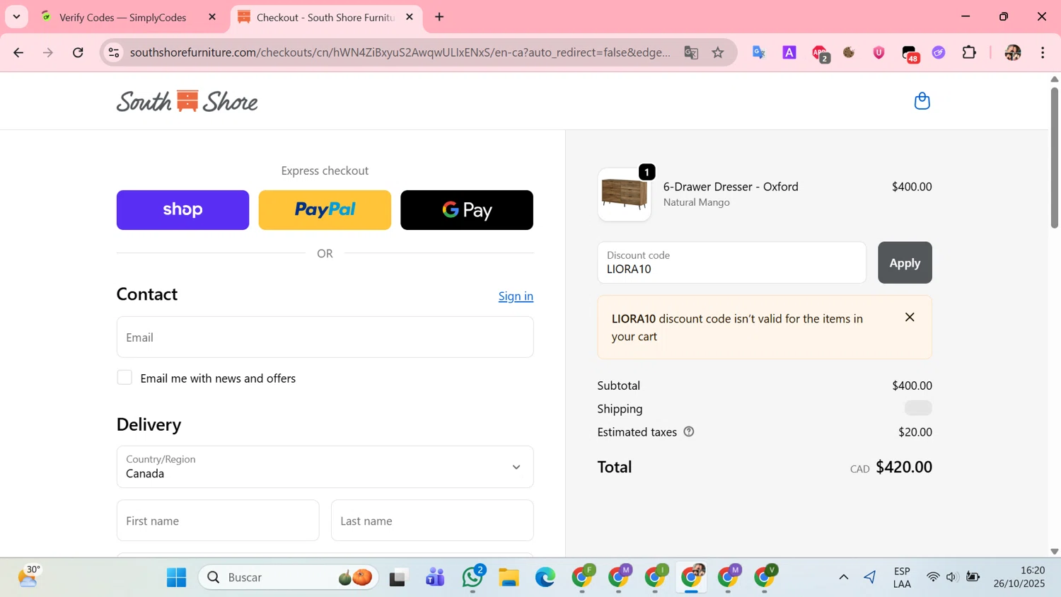 South Shore Furniture promo code screenshot showing code LIORA10 applied at South Shore Furniture checkout page. Uploaded by SimplyCodes community member Susejprimera on Oct 26, 2025